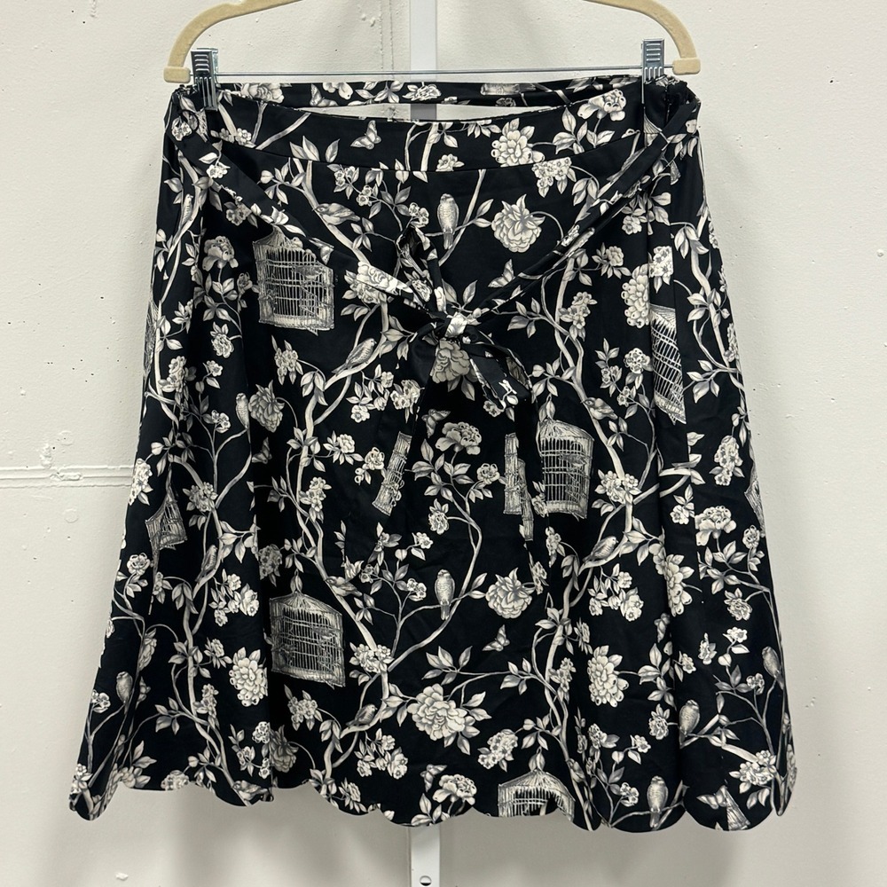Talbots Petites Bird Birdcage Scallop Hem Knee Length Skirt Tie Toile Cotton 16W